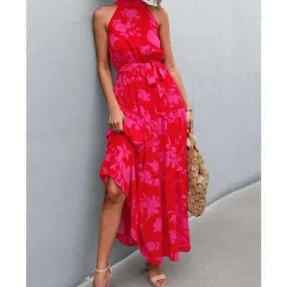 red pink floral print belted halter maxi dress - Boho - Picture 11 of 11